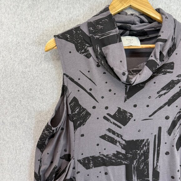 Chalet Womens Size XL Gray Sleeveless Cowl Neck Top Abstract Black Print Pockets - Picture 7 of 14